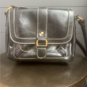 Black Faux Leather Crossbody Bag Gold Accents White Stitching and Wallet Classic